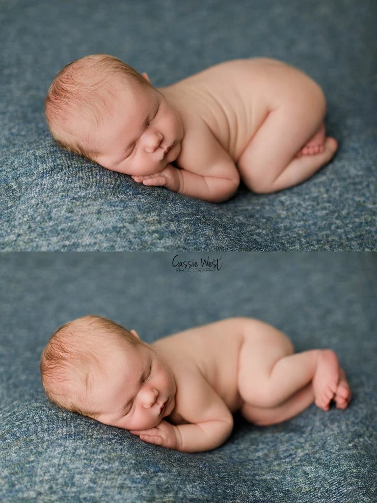 a peaceful baby sleeping on a soft blue blanket, curled up with hands under the cheek