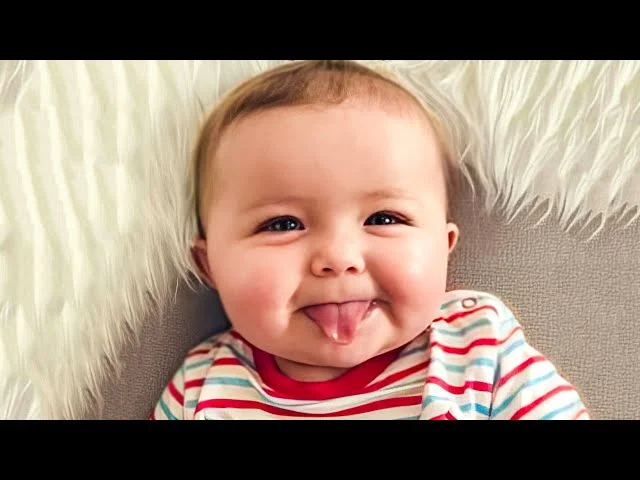 smiling baby with blue eyes and a playful expression, sticking out their tongue, wearing a striped shirt